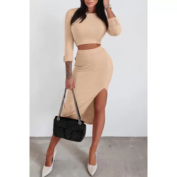imagePRETTYGARDEN Womens 2023 Fall 2 Piece Outfits Tracksuit Rib Knit Crop Tops And Slit Midi Bodycon Skirt Dress SetsBeige