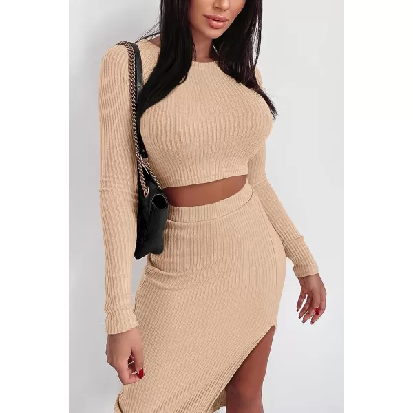 imagePRETTYGARDEN Womens 2023 Fall 2 Piece Outfits Tracksuit Rib Knit Crop Tops And Slit Midi Bodycon Skirt Dress SetsBeige