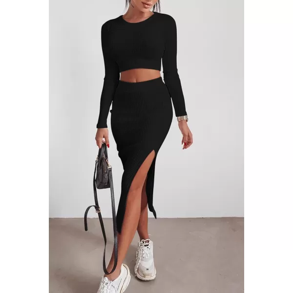 imagePRETTYGARDEN Womens 2023 Fall 2 Piece Outfits Tracksuit Rib Knit Crop Tops And Slit Midi Bodycon Skirt Dress SetsBlack