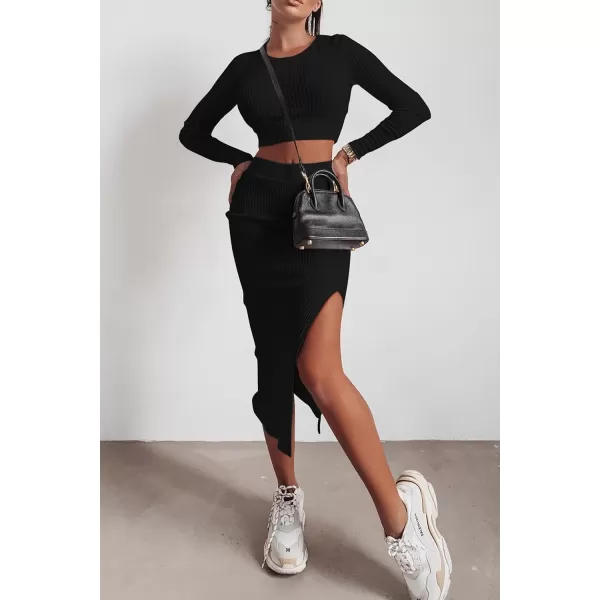 imagePRETTYGARDEN Womens 2023 Fall 2 Piece Outfits Tracksuit Rib Knit Crop Tops And Slit Midi Bodycon Skirt Dress SetsBlack