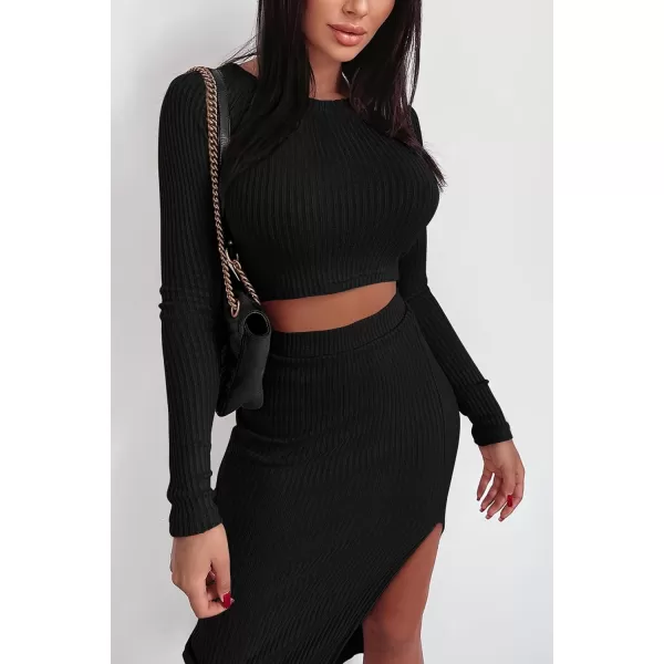 imagePRETTYGARDEN Womens 2023 Fall 2 Piece Outfits Tracksuit Rib Knit Crop Tops And Slit Midi Bodycon Skirt Dress SetsBlack
