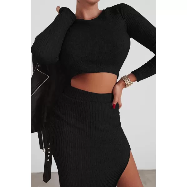 imagePRETTYGARDEN Womens 2023 Fall 2 Piece Outfits Tracksuit Rib Knit Crop Tops And Slit Midi Bodycon Skirt Dress SetsBlack