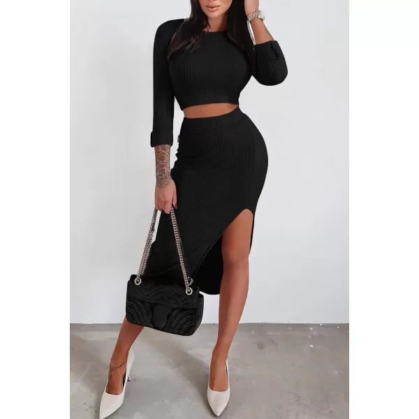 imagePRETTYGARDEN Womens 2023 Fall 2 Piece Outfits Tracksuit Rib Knit Crop Tops And Slit Midi Bodycon Skirt Dress SetsBlack