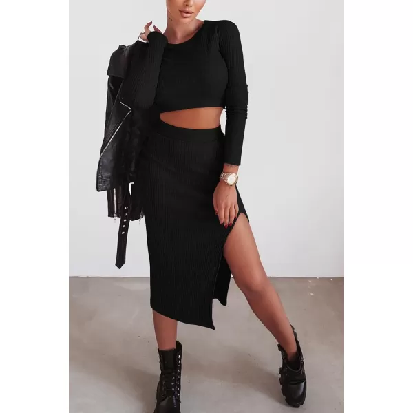 imagePRETTYGARDEN Womens 2023 Fall 2 Piece Outfits Tracksuit Rib Knit Crop Tops And Slit Midi Bodycon Skirt Dress SetsBlack
