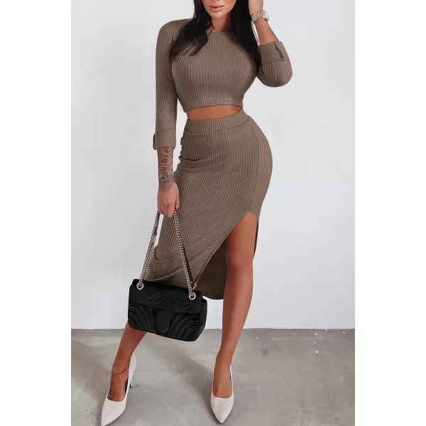 imagePRETTYGARDEN Womens 2023 Fall 2 Piece Outfits Tracksuit Rib Knit Crop Tops And Slit Midi Bodycon Skirt Dress SetsCamel