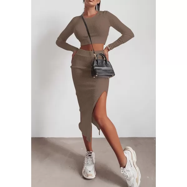 imagePRETTYGARDEN Womens 2023 Fall 2 Piece Outfits Tracksuit Rib Knit Crop Tops And Slit Midi Bodycon Skirt Dress SetsCamel