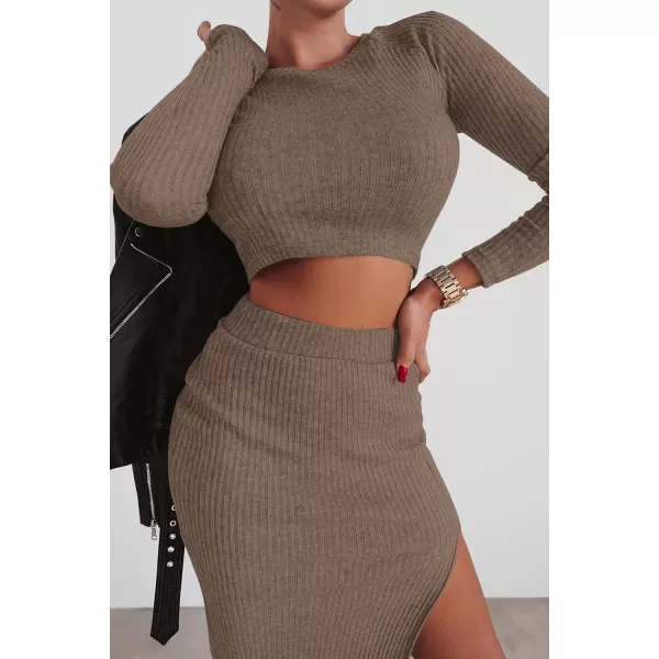 imagePRETTYGARDEN Womens 2023 Fall 2 Piece Outfits Tracksuit Rib Knit Crop Tops And Slit Midi Bodycon Skirt Dress SetsCamel