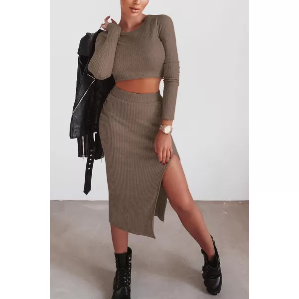 imagePRETTYGARDEN Womens 2023 Fall 2 Piece Outfits Tracksuit Rib Knit Crop Tops And Slit Midi Bodycon Skirt Dress SetsCamel
