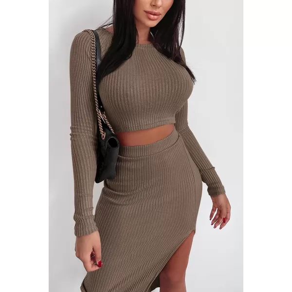 imagePRETTYGARDEN Womens 2023 Fall 2 Piece Outfits Tracksuit Rib Knit Crop Tops And Slit Midi Bodycon Skirt Dress SetsCamel