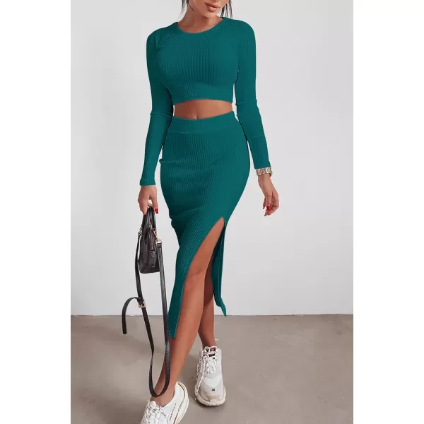 imagePRETTYGARDEN Womens 2023 Fall 2 Piece Outfits Tracksuit Rib Knit Crop Tops And Slit Midi Bodycon Skirt Dress SetsDark Green