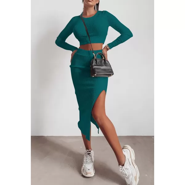 imagePRETTYGARDEN Womens 2023 Fall 2 Piece Outfits Tracksuit Rib Knit Crop Tops And Slit Midi Bodycon Skirt Dress SetsDark Green