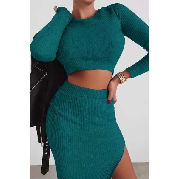 imagePRETTYGARDEN Womens 2023 Fall 2 Piece Outfits Tracksuit Rib Knit Crop Tops And Slit Midi Bodycon Skirt Dress SetsDark Green