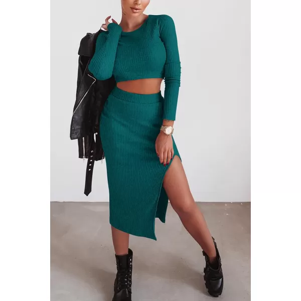 imagePRETTYGARDEN Womens 2023 Fall 2 Piece Outfits Tracksuit Rib Knit Crop Tops And Slit Midi Bodycon Skirt Dress SetsDark Green