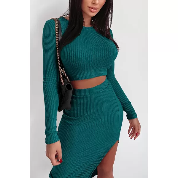 imagePRETTYGARDEN Womens 2023 Fall 2 Piece Outfits Tracksuit Rib Knit Crop Tops And Slit Midi Bodycon Skirt Dress SetsDark Green