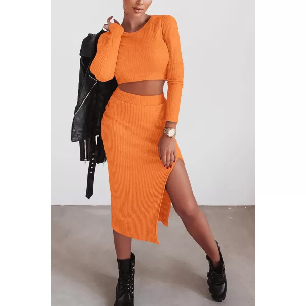 imagePRETTYGARDEN Womens 2023 Fall 2 Piece Outfits Tracksuit Rib Knit Crop Tops And Slit Midi Bodycon Skirt Dress SetsOrange