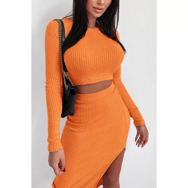imagePRETTYGARDEN Womens 2023 Fall 2 Piece Outfits Tracksuit Rib Knit Crop Tops And Slit Midi Bodycon Skirt Dress SetsOrange