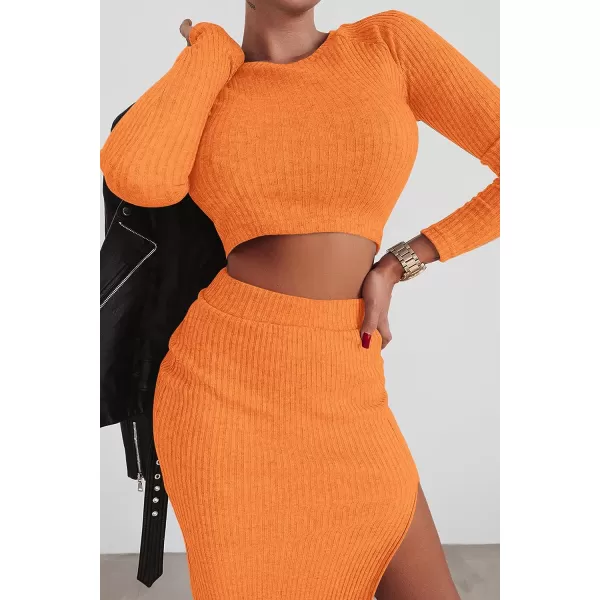 imagePRETTYGARDEN Womens 2023 Fall 2 Piece Outfits Tracksuit Rib Knit Crop Tops And Slit Midi Bodycon Skirt Dress SetsOrange