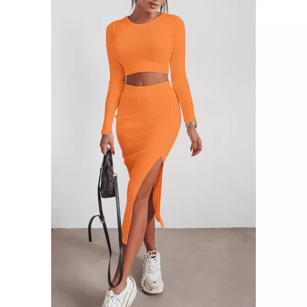 imagePRETTYGARDEN Womens 2023 Fall 2 Piece Outfits Tracksuit Rib Knit Crop Tops And Slit Midi Bodycon Skirt Dress SetsOrange