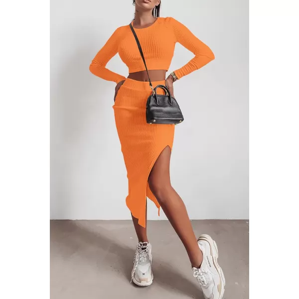 imagePRETTYGARDEN Womens 2023 Fall 2 Piece Outfits Tracksuit Rib Knit Crop Tops And Slit Midi Bodycon Skirt Dress SetsOrange