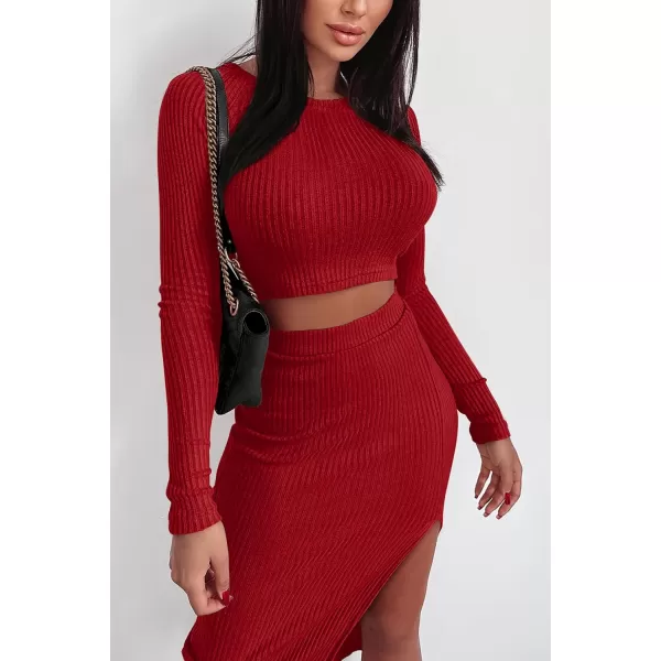 imagePRETTYGARDEN Womens 2023 Fall 2 Piece Outfits Tracksuit Rib Knit Crop Tops And Slit Midi Bodycon Skirt Dress SetsRed