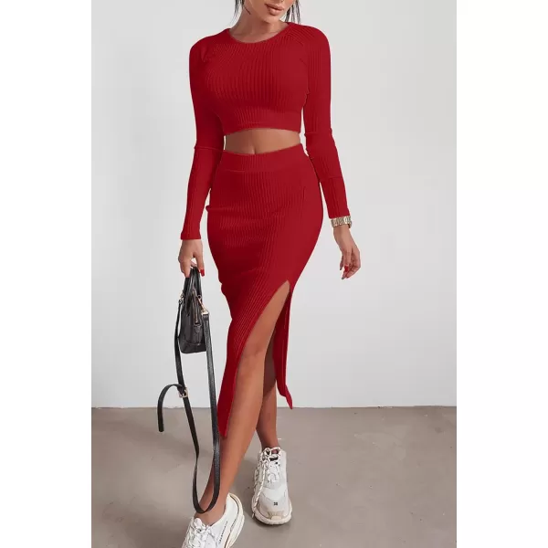 imagePRETTYGARDEN Womens 2023 Fall 2 Piece Outfits Tracksuit Rib Knit Crop Tops And Slit Midi Bodycon Skirt Dress SetsRed