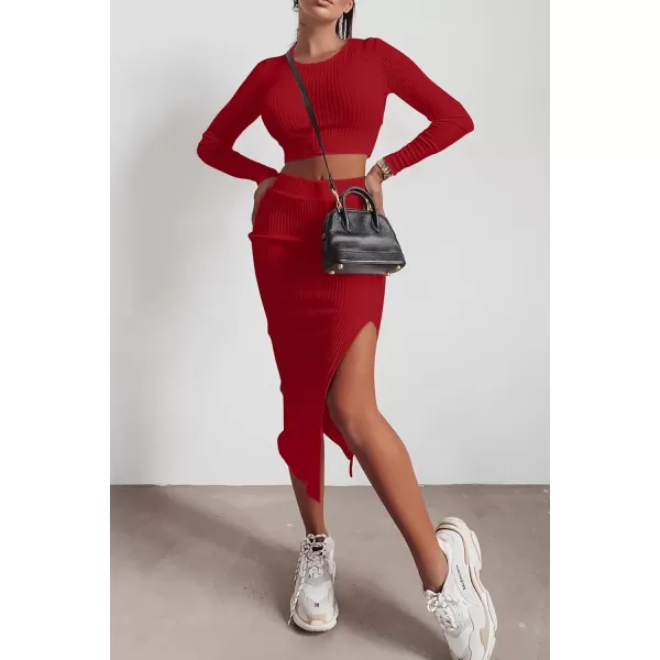 imagePRETTYGARDEN Womens 2023 Fall 2 Piece Outfits Tracksuit Rib Knit Crop Tops And Slit Midi Bodycon Skirt Dress SetsRed
