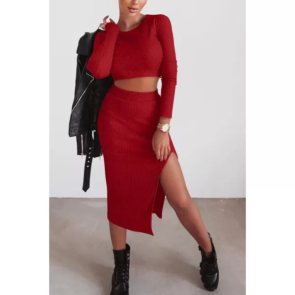 imagePRETTYGARDEN Womens 2023 Fall 2 Piece Outfits Tracksuit Rib Knit Crop Tops And Slit Midi Bodycon Skirt Dress SetsRed
