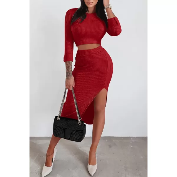 imagePRETTYGARDEN Womens 2023 Fall 2 Piece Outfits Tracksuit Rib Knit Crop Tops And Slit Midi Bodycon Skirt Dress SetsRed