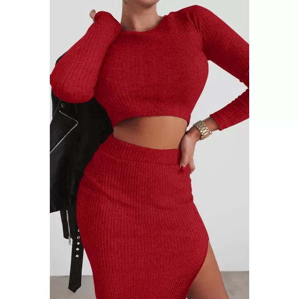 imagePRETTYGARDEN Womens 2023 Fall 2 Piece Outfits Tracksuit Rib Knit Crop Tops And Slit Midi Bodycon Skirt Dress SetsRed