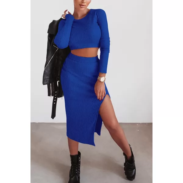 imagePRETTYGARDEN Womens 2023 Fall 2 Piece Outfits Tracksuit Rib Knit Crop Tops And Slit Midi Bodycon Skirt Dress SetsRoyal Blue