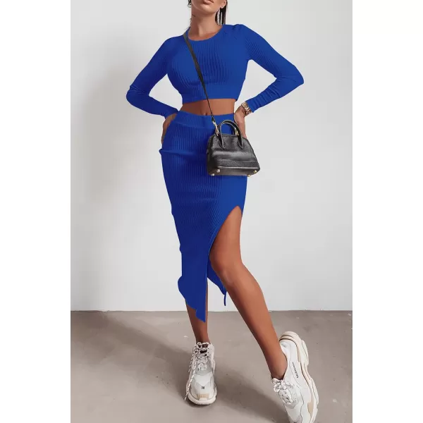 imagePRETTYGARDEN Womens 2023 Fall 2 Piece Outfits Tracksuit Rib Knit Crop Tops And Slit Midi Bodycon Skirt Dress SetsRoyal Blue