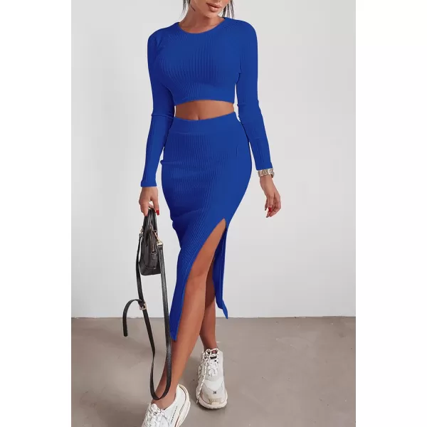 imagePRETTYGARDEN Womens 2023 Fall 2 Piece Outfits Tracksuit Rib Knit Crop Tops And Slit Midi Bodycon Skirt Dress SetsRoyal Blue