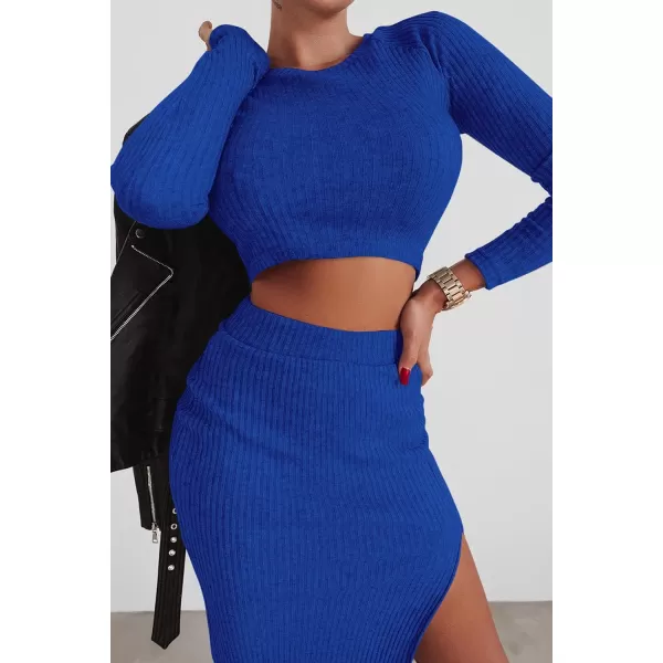 imagePRETTYGARDEN Womens 2023 Fall 2 Piece Outfits Tracksuit Rib Knit Crop Tops And Slit Midi Bodycon Skirt Dress SetsRoyal Blue