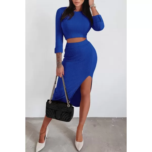 imagePRETTYGARDEN Womens 2023 Fall 2 Piece Outfits Tracksuit Rib Knit Crop Tops And Slit Midi Bodycon Skirt Dress SetsRoyal Blue