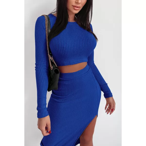 imagePRETTYGARDEN Womens 2023 Fall 2 Piece Outfits Tracksuit Rib Knit Crop Tops And Slit Midi Bodycon Skirt Dress SetsRoyal Blue