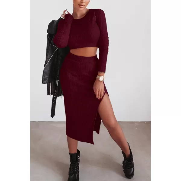 imagePRETTYGARDEN Womens 2023 Fall 2 Piece Outfits Tracksuit Rib Knit Crop Tops And Slit Midi Bodycon Skirt Dress SetsWine Red