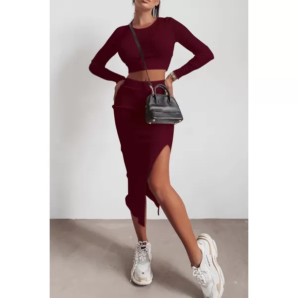 imagePRETTYGARDEN Womens 2023 Fall 2 Piece Outfits Tracksuit Rib Knit Crop Tops And Slit Midi Bodycon Skirt Dress SetsWine Red