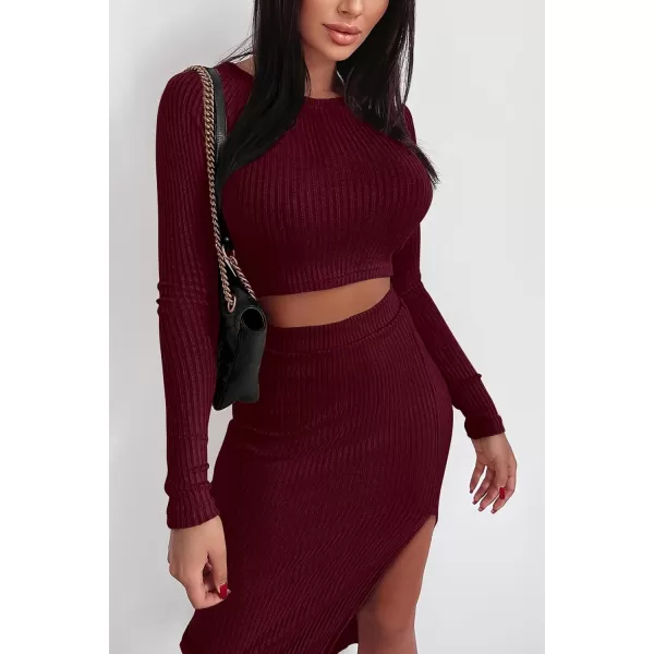 imagePRETTYGARDEN Womens 2023 Fall 2 Piece Outfits Tracksuit Rib Knit Crop Tops And Slit Midi Bodycon Skirt Dress SetsWine Red