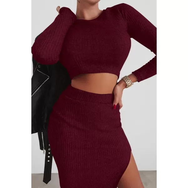 imagePRETTYGARDEN Womens 2023 Fall 2 Piece Outfits Tracksuit Rib Knit Crop Tops And Slit Midi Bodycon Skirt Dress SetsWine Red