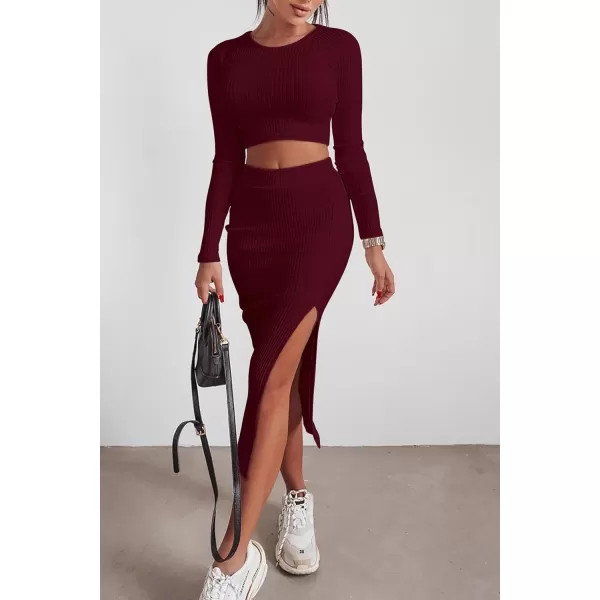 imagePRETTYGARDEN Womens 2023 Fall 2 Piece Outfits Tracksuit Rib Knit Crop Tops And Slit Midi Bodycon Skirt Dress SetsWine Red