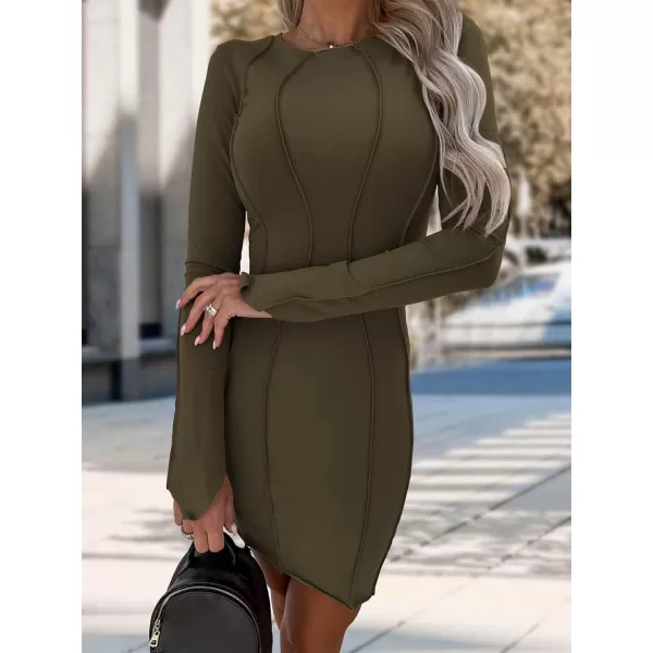 imagePRETTYGARDEN Womens 2023 Fall Bodycon Mini Dresses Casual Long Sleeve Solid Color Short Tight Ladies Party Club Fashion DressArmy Green