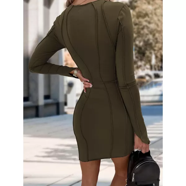 imagePRETTYGARDEN Womens 2023 Fall Bodycon Mini Dresses Casual Long Sleeve Solid Color Short Tight Ladies Party Club Fashion DressArmy Green