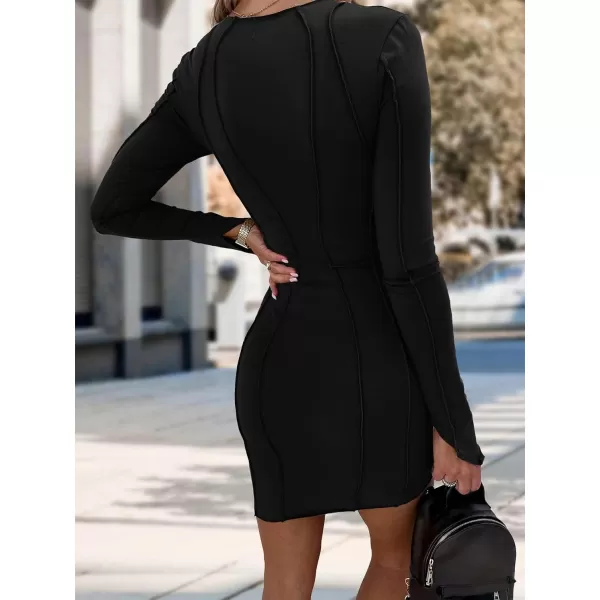 imagePRETTYGARDEN Womens 2023 Fall Bodycon Mini Dresses Casual Long Sleeve Solid Color Short Tight Ladies Party Club Fashion DressBlack