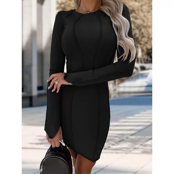 imagePRETTYGARDEN Womens 2023 Fall Bodycon Mini Dresses Casual Long Sleeve Solid Color Short Tight Ladies Party Club Fashion DressBlack