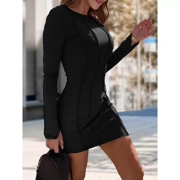 imagePRETTYGARDEN Womens 2023 Fall Bodycon Mini Dresses Casual Long Sleeve Solid Color Short Tight Ladies Party Club Fashion DressBlack