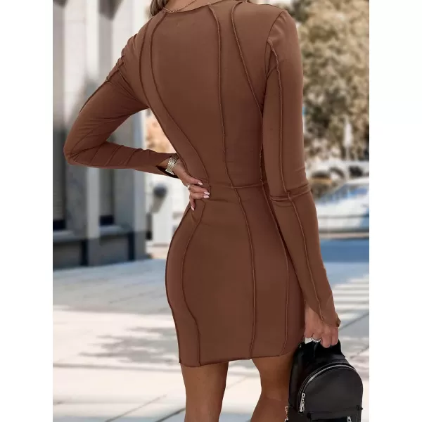 imagePRETTYGARDEN Womens 2023 Fall Bodycon Mini Dresses Casual Long Sleeve Solid Color Short Tight Ladies Party Club Fashion DressCoffee