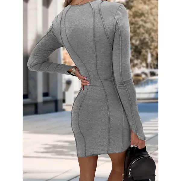 imagePRETTYGARDEN Womens 2023 Fall Bodycon Mini Dresses Casual Long Sleeve Solid Color Short Tight Ladies Party Club Fashion DressGrey
