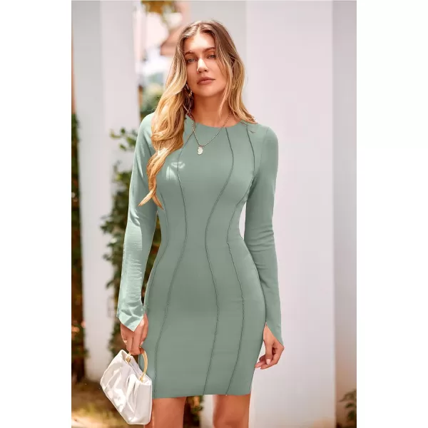 imagePRETTYGARDEN Womens 2023 Fall Bodycon Mini Dresses Casual Long Sleeve Solid Color Short Tight Ladies Party Club Fashion DressGrey Green