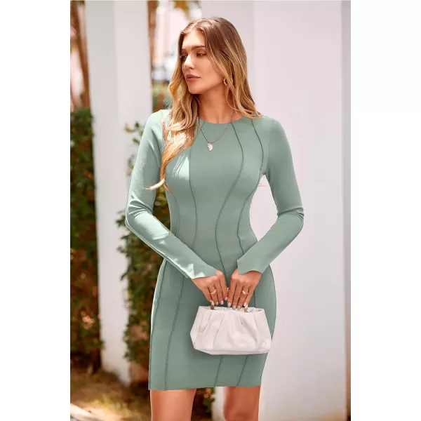 imagePRETTYGARDEN Womens 2023 Fall Bodycon Mini Dresses Casual Long Sleeve Solid Color Short Tight Ladies Party Club Fashion DressGrey Green