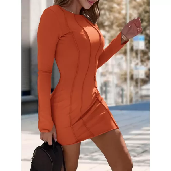 imagePRETTYGARDEN Womens 2023 Fall Bodycon Mini Dresses Casual Long Sleeve Solid Color Short Tight Ladies Party Club Fashion DressOrange